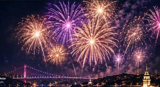 Gece gökyüzünde renkli havai fişekler